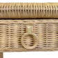 Close-up of the Adrien Desk by Worlds Away, featuring a woven rattan drawer with a central gold metal ring pull—an elegant choice to add warmth to your workspace or pair with a glass top desk.