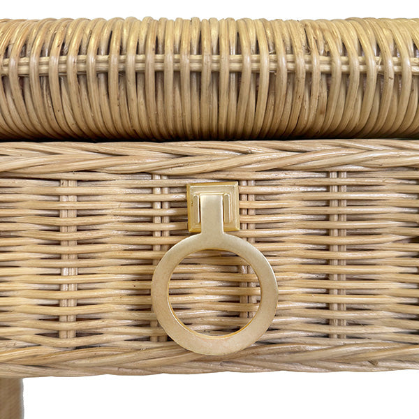 Close-up of the Adrien Desk by Worlds Away, featuring a woven rattan drawer with a central gold metal ring pull—an elegant choice to add warmth to your workspace or pair with a glass top desk.