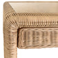Close-up of the Adrien Desk by Worlds Away, featuring detailed woven rattan texture and a glass top in a light natural finish for an elegant workspace.