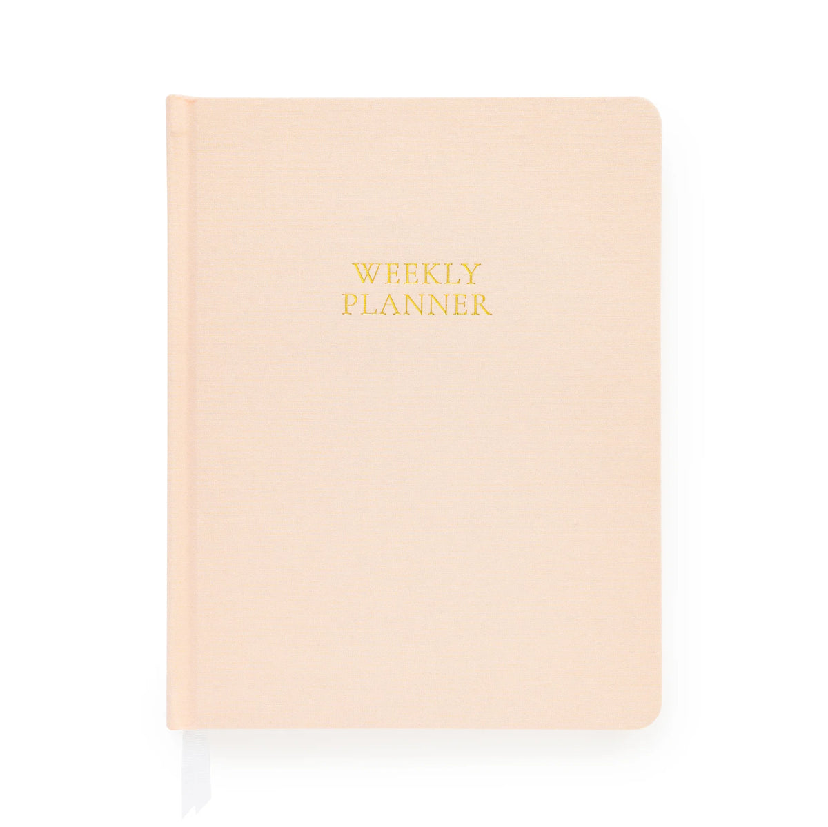 A closed, pale pink hardcover notebook from Sugar Paper, the Pale Pink Undated Weekly Planner features “WEEKLY PLANNER” in gold text on the cover. Designed to help you stay organized throughout the year, it includes a white ribbon bookmark extending from the bottom.