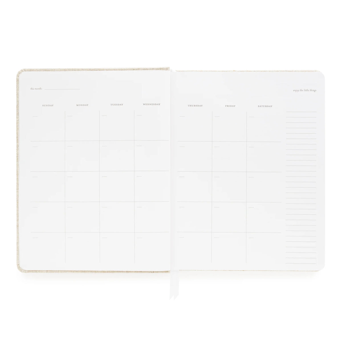 The Sugar Paper Pale Pink Undated Weekly Planner features days of the week columns, empty date squares, and a lined notes section on the right page, offering versatile layouts perfect for use as an undated weekly planner or goal planner.