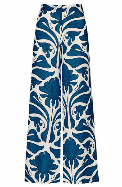 Wide-leg linen pants featuring a bold blue and white floral pattern with a flattering high waist, the Andres Otalora Agua Clara Pant by Andres Otalora.