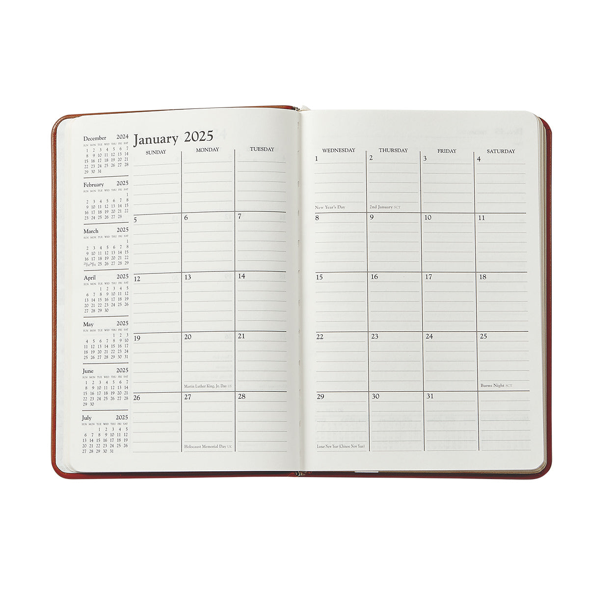 The Graphic Image 2026 Daily Journal Planner Collection features an open diary displaying January 2025’s monthly calendar, a notes section, and small reference calendars for Dec 2024 plus Feb–July 2025.