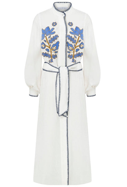 White Lug Von Siga Amira Dress with blue floral pattern and trim detailing, including a self-tie belt.
