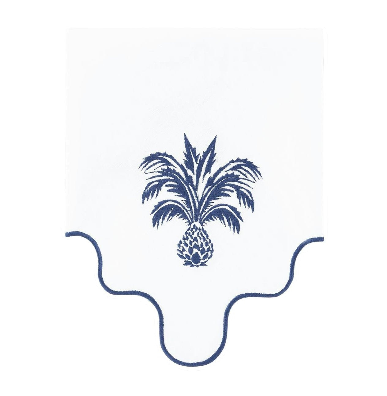 The Ananas Blue Napkin Set by Aquazzura Casa features Italian-made white linen napkins with blue trim, scalloped edges, and a center pineapple embroidery with palm-like leaves.