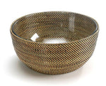 The Calaisio Round Bowl Collection showcases deep, round bowls crafted from organic vines with a tightly woven brown and black pattern displayed on a white background.