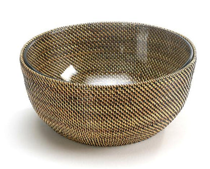 The Calaisio Round Bowl Collection showcases deep, round bowls crafted from organic vines with a tightly woven brown and black pattern displayed on a white background.
