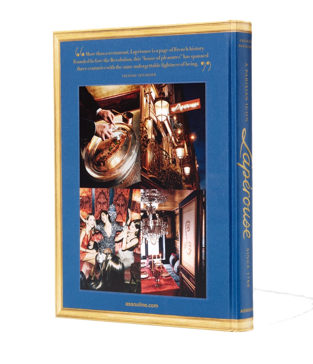 Here is a revised version of your sentence using the provided product data: "Laperouse: A Parisian Icon Since 1766" by Assouline features a gold-bordered cover adorned with four photographs, capturing scenes from the legendary restaurant, its inviting interiors, and convivial group dining moments. The celebratory design pays tribute to this historic Parisian landmark and subtly alludes to its famed wine cellar. A quote graces the top of the cover.