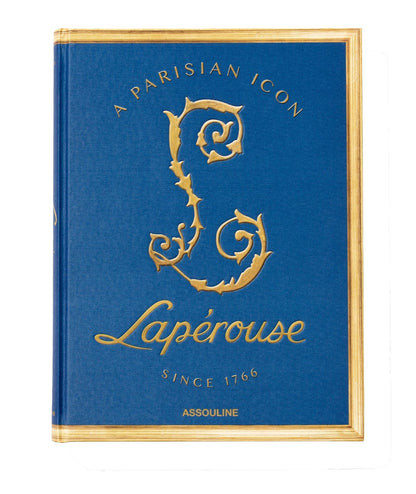 A blue and gold book cover, "Laperouse: A Parisian Icon Since 1766" by Assouline, honors the legendary Laperouse and its renowned wine cellar, showcasing the enduring charm of this iconic Parisian establishment.