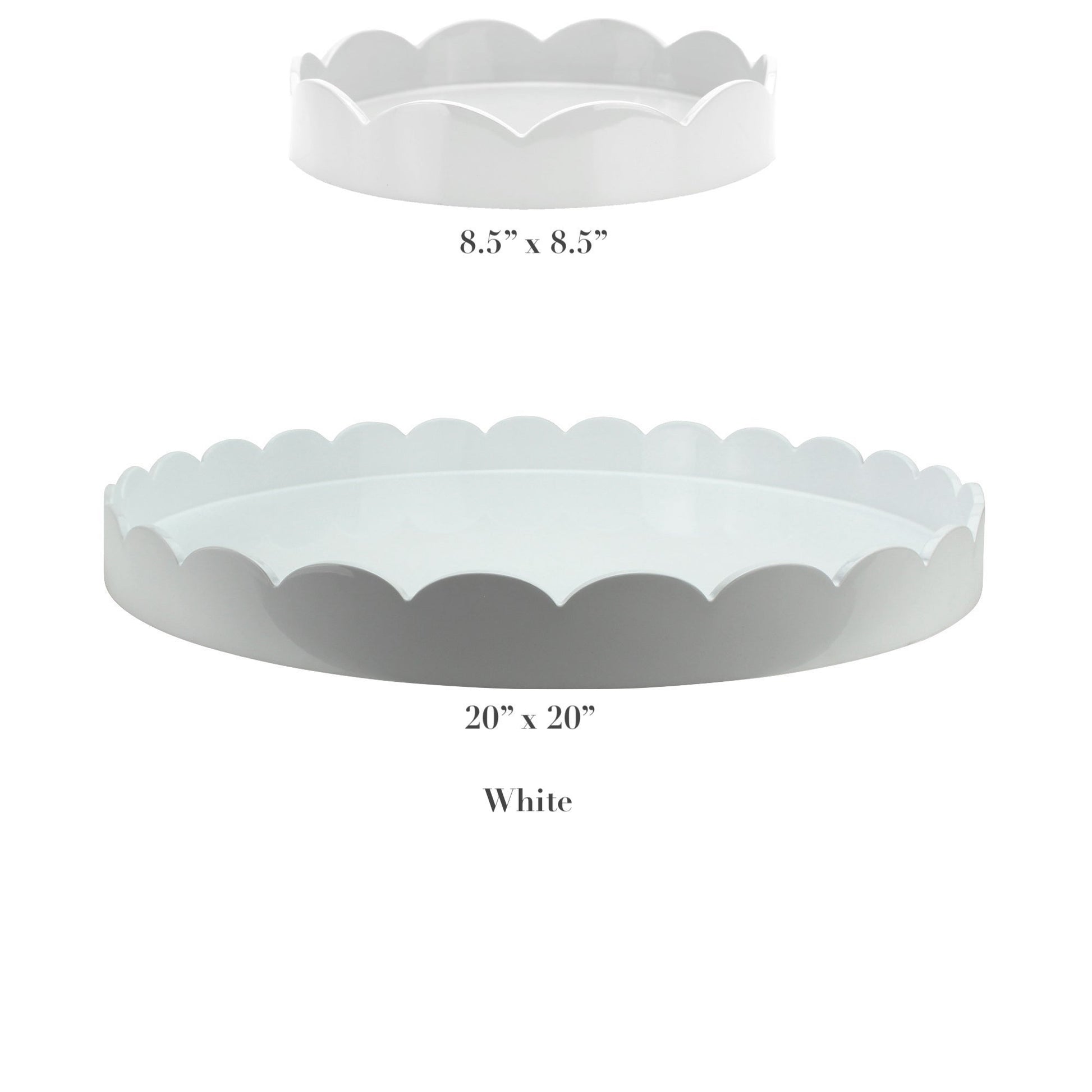 The Addison Ross Round Scalloped Lacquer Tray Collection features two white trays—8.5" and 20" in diameter—with scalloped edges and a high-gloss finish, bringing modern elegance to any space.