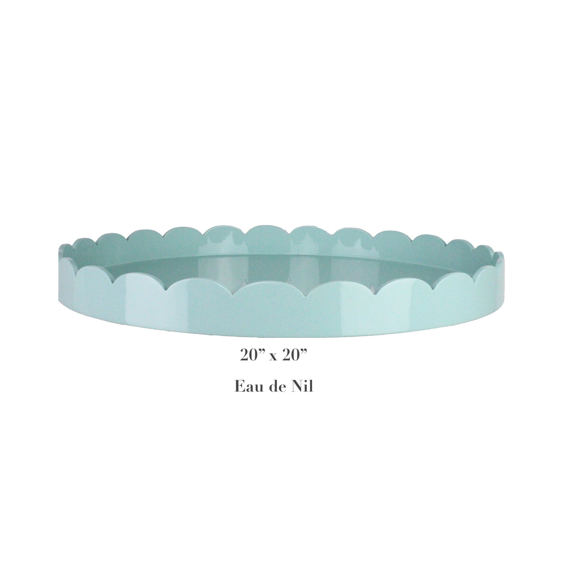 The Addison Ross Round Scalloped Lacquer Tray Collection features a 20"x20" tray in pale blue-green Eau de Nil with a high gloss finish, adding an elegant touch to any setting.