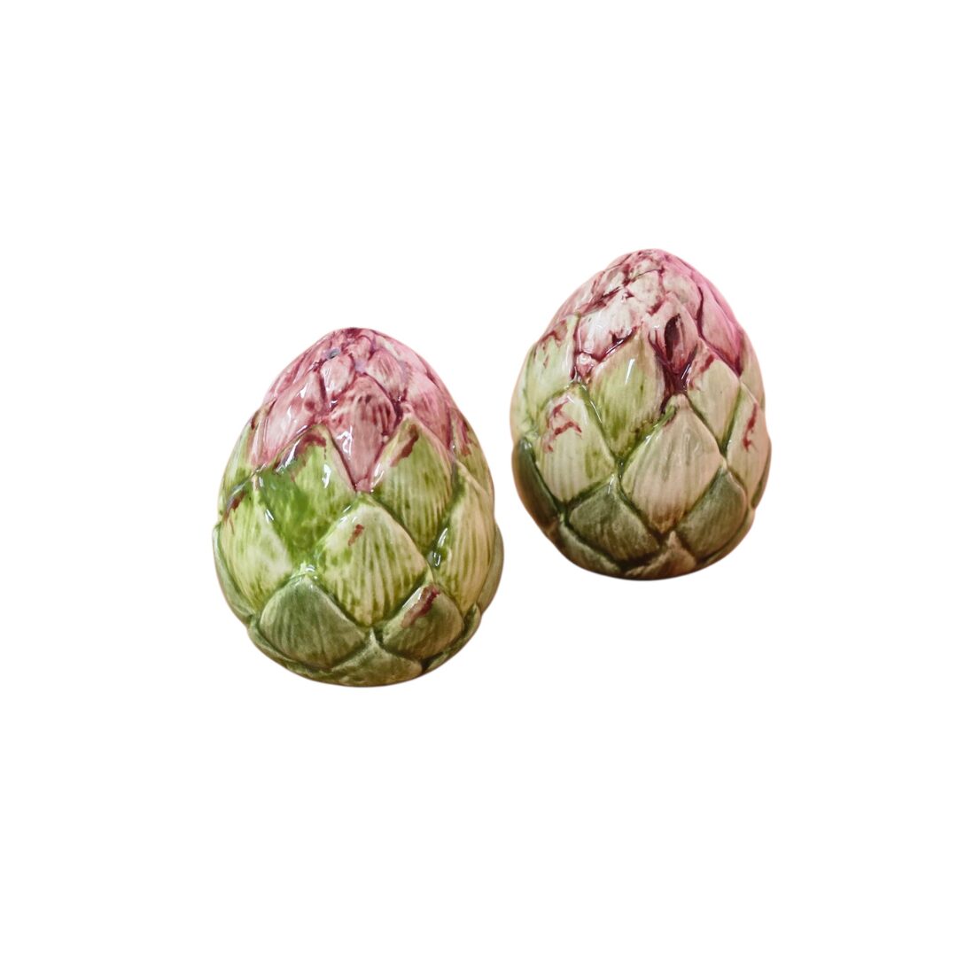 Two pieces from the Les Ottomans Artichoke Decor and Serveware Collection, featuring hand-painted green and purple ceramic, displayed side by side on a white background.