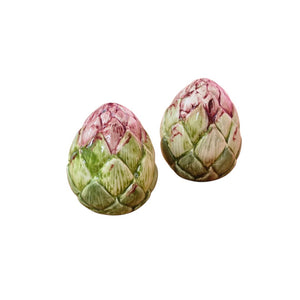 Two pieces from the Les Ottomans Artichoke Decor and Serveware Collection, featuring hand-painted green and purple ceramic, displayed side by side on a white background.