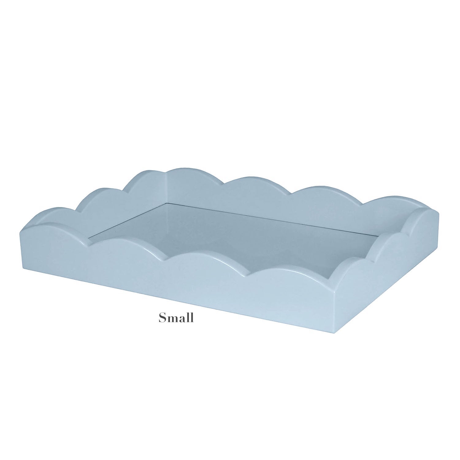 The Scalloped Pale Denim Lacquer Tray Collection by Addison Ross features a light blue tray with scalloped edges, marked "Small" underneath and displaying the Addison Ross logo.