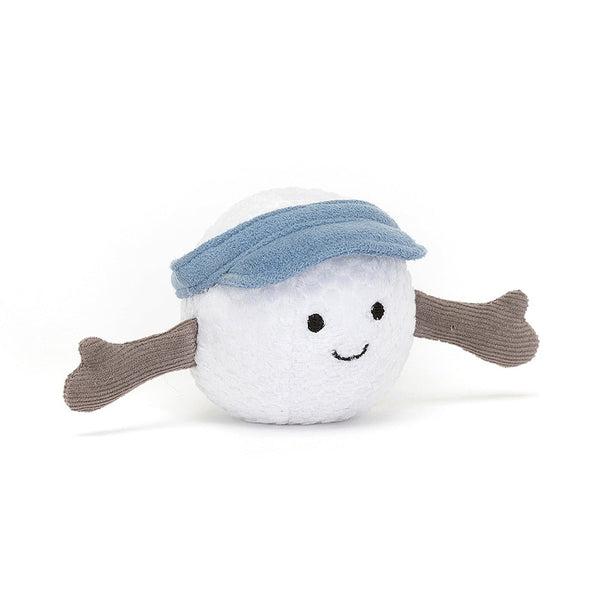 Amuseable Sports Golf Ball, a cute white stuffed white golfball with a blue visor and brown arms by Jellycat.