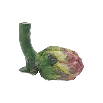 From the Artichoke Decor and Serveware Collection by Les Ottomans, this hand-painted ceramic piece features an artichoke shape with a green stem, crafted in Italy and photographed on a plain white background.