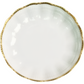 A round white ceramic plate from the Corail Gold Collection by Medard de Noblat/Devine features a slightly scalloped edge and gold-trimmed rim, reflecting French artistry and timeless elegance.