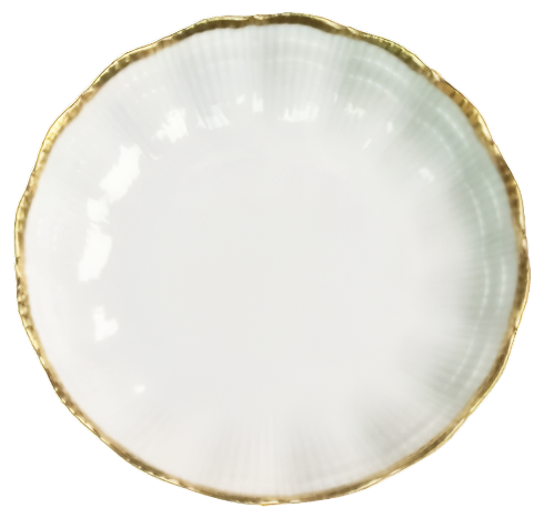 A round white ceramic plate from the Corail Gold Collection by Medard de Noblat/Devine features a slightly scalloped edge and gold-trimmed rim, reflecting French artistry and timeless elegance.