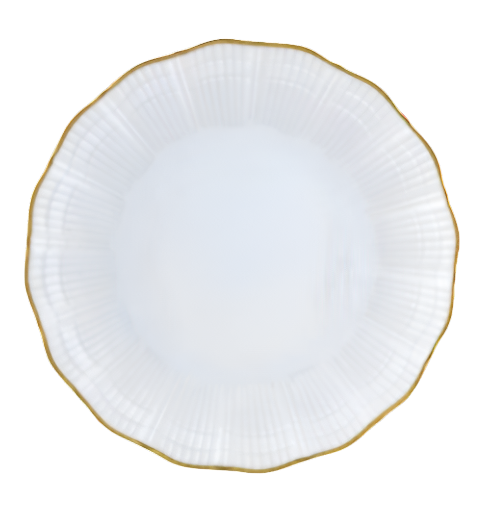 Corail Gold Collection by Medard de Noblat/Devine: a white ceramic plate with fluted rim and thin gold trim, shown from above on white background—an elegant touch to whimsical dinnerware.