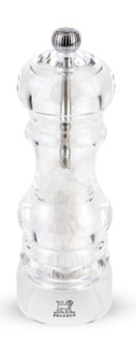 A transparent Peugeot Saveurs Nancy Acrylic Salt and Pepper mill with a metallic top and adjustable coarseness knob.