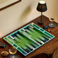 The Addison Ross Lacquer Backgammon Collection is displayed on a wooden table with glasses of wine, a bowl of olives, and a lamp.