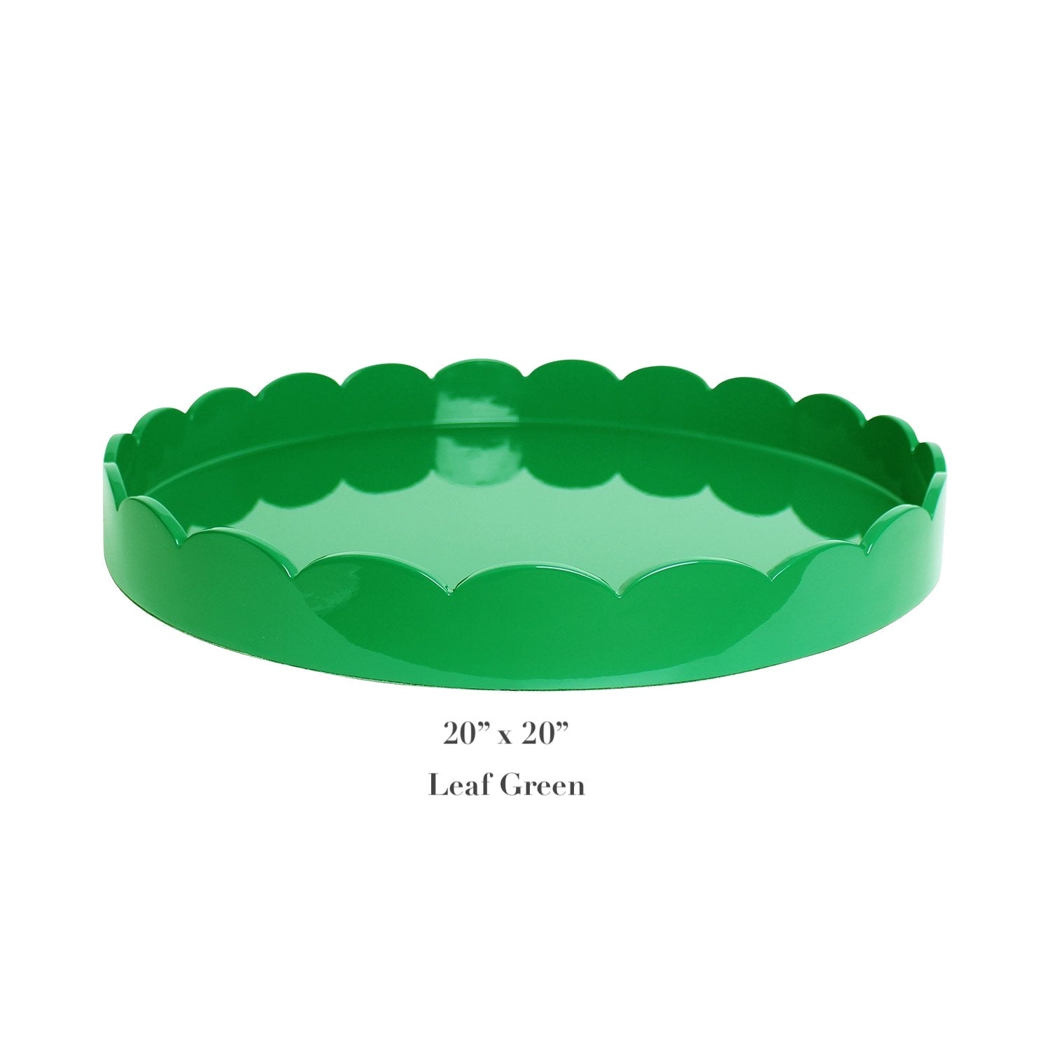 The Addison Ross Round Scalloped Lacquer Tray Collection features a 20" leaf green tray with scalloped edges and a high gloss finish, shown on a white background.