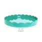 The Addison Ross Round Scalloped Lacquer Tray Collection features a turquoise tray with a scalloped edge, high gloss finish, and measures 16" x 16".