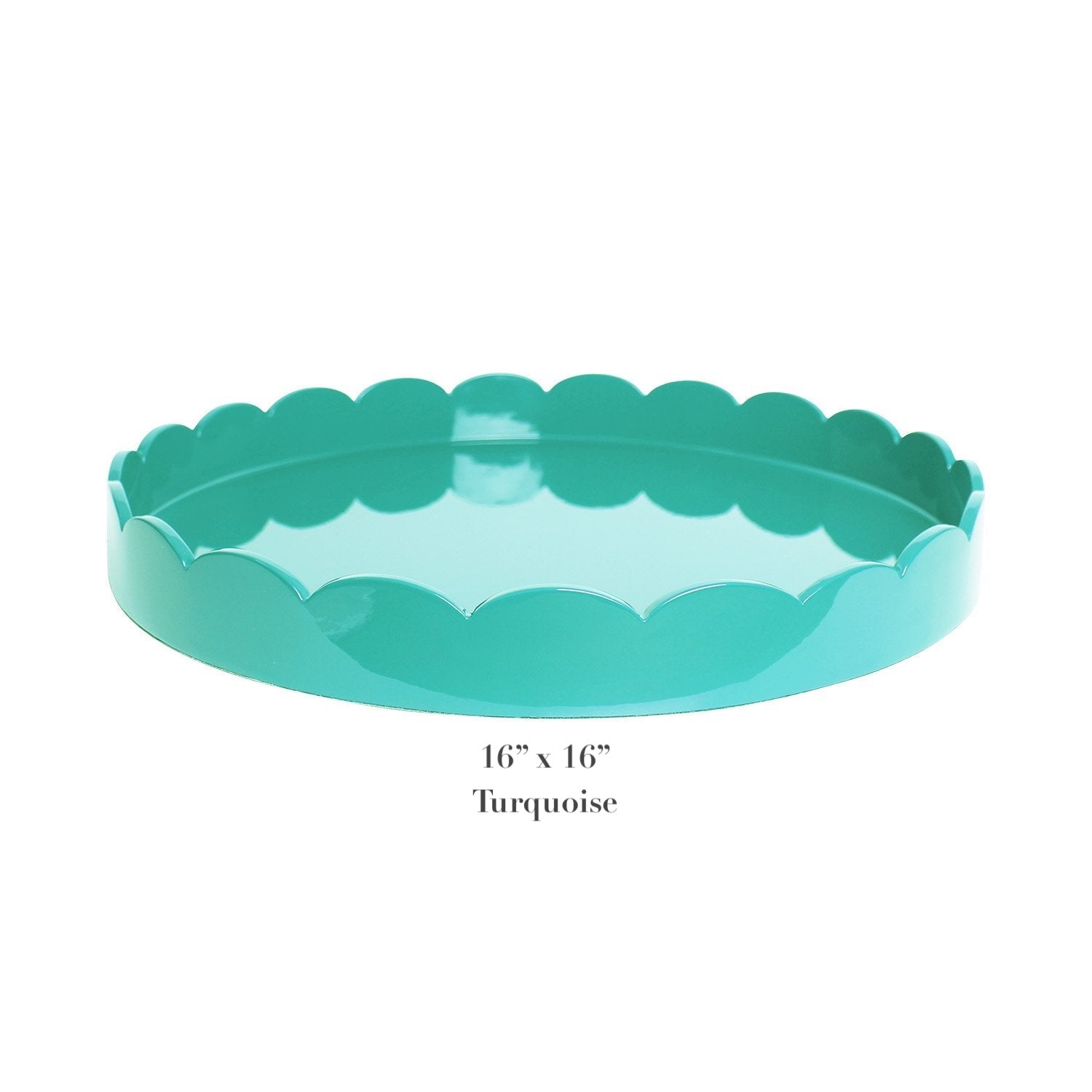 The Addison Ross Round Scalloped Lacquer Tray Collection features a turquoise tray with a scalloped edge, high gloss finish, and measures 16" x 16".