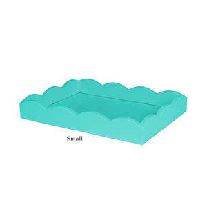 The Addison Ross Scalloped Turquoise Lacquer Tray from the Scalloped Turquoise Lacquer Tray Collection features a small, rectangular design with a scalloped edge and high-gloss finish, shown on a white background.