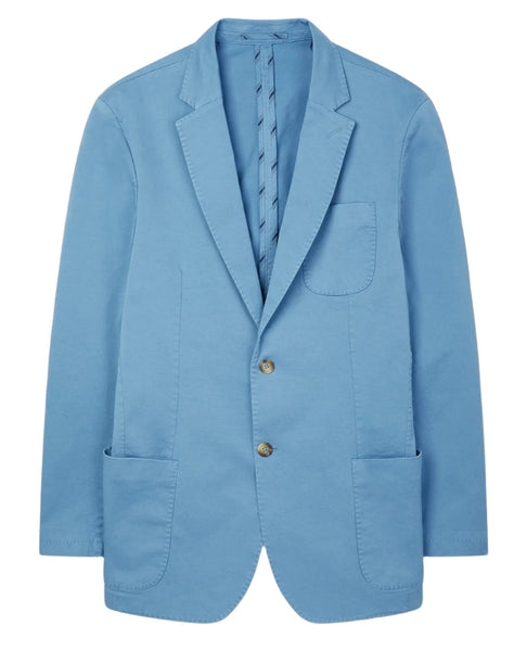 The Alan Paine Heymouth Cotton Blazer by Alan Paine is a light blue blazer featuring a notched lapel, two front buttons, and three pockets—crafted from micro-touch cotton for that ideal summer smart-casual wear.