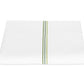 A neatly folded white bed sheet from the Amara Triple Pearl Bedding Collection by Matouk, showcasing three parallel green stitched lines running vertically down the center with a subtle embroidered design, set against a plain white background.