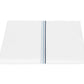 A folded white sheet from the Matouk Amara Triple Pearl Bedding Collection, featuring a single, centered vertical stripe of blue and teal embroidery, displayed on a plain white background.