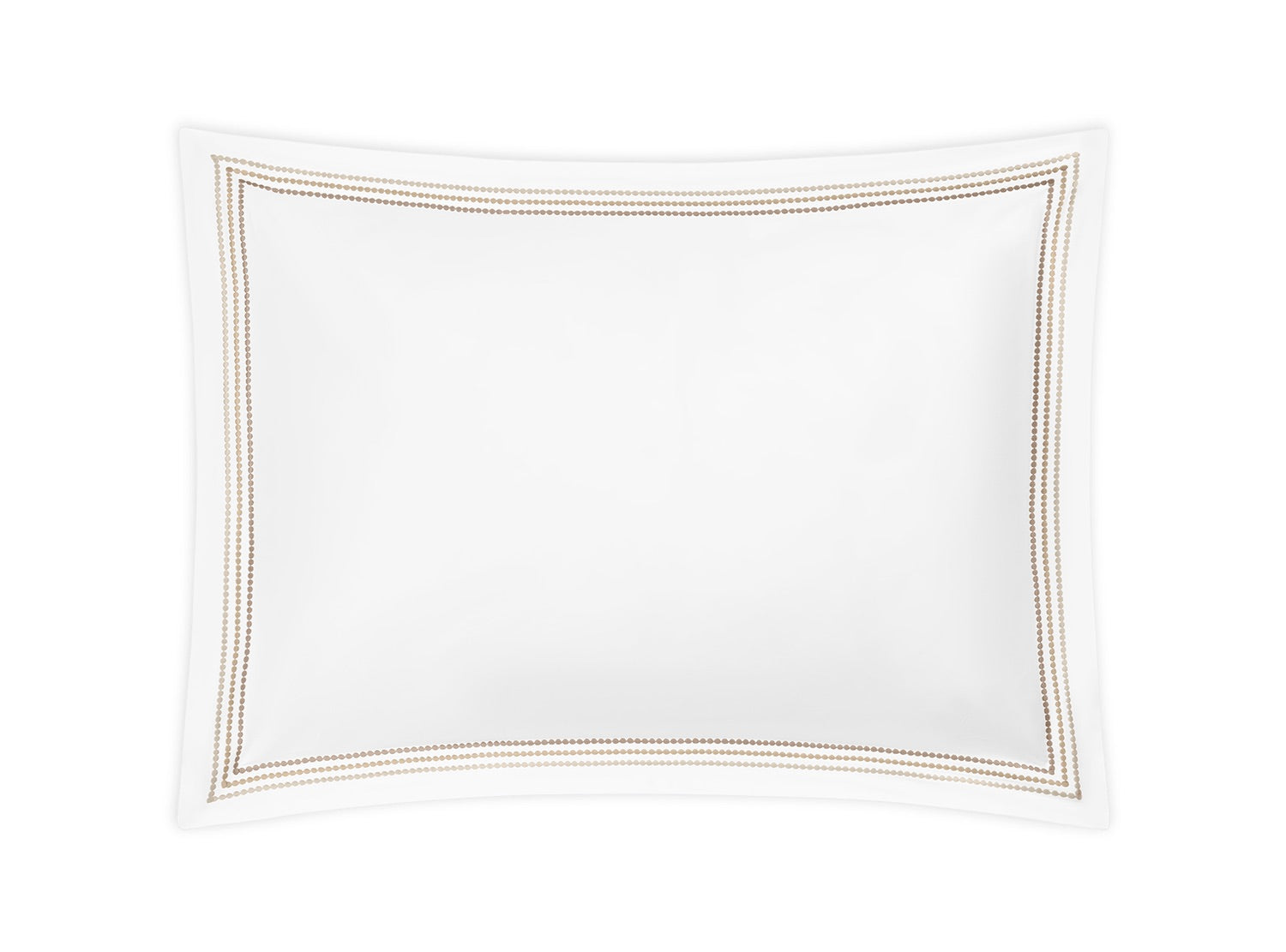 The Amara Triple Pearl pillowcase from Matouk features a white rectangular design with a subtle gold and brown double border along the edges, crafted from luxurious Amara sateen and adorned with a refined triple pearl embroidered detail, displayed on a plain white background.