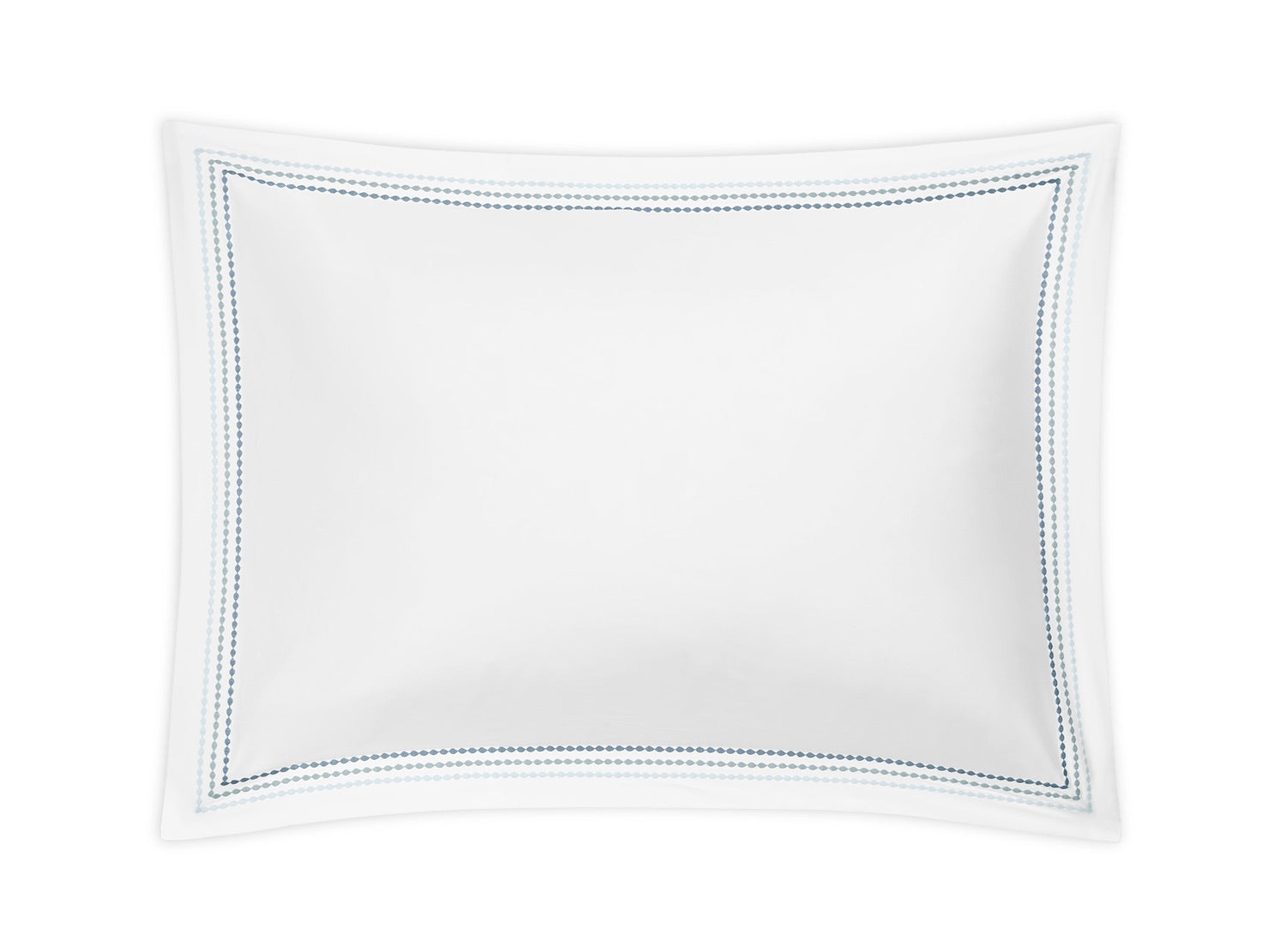 Rectangular white pillowcase from the Amara Triple Pearl Bedding Collection by Matouk, featuring a double blue stitched border on all sides and crafted from luxurious Amara sateen, set against a plain white background.