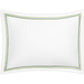 Rectangular white pillowcase from the Amara Triple Pearl Bedding Collection by Matouk, featuring a green and black double-line border design and crafted from luxurious Amara sateen, photographed against a white background.