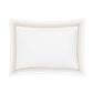 The Amara Triple Pearl rectangular pillow from Matouk features an elegant embroidered design with a double border of gold dots along the edge, displayed on a plain white background.