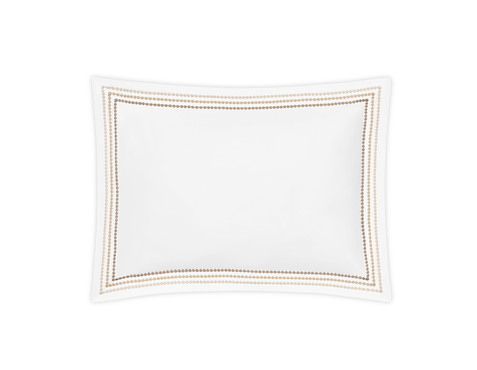 A white rectangular pillowcase from the Amara Pearl Bedding Collection, Beach by Matouk features a double border of small golden embroidered dots, shown on a plain white background.