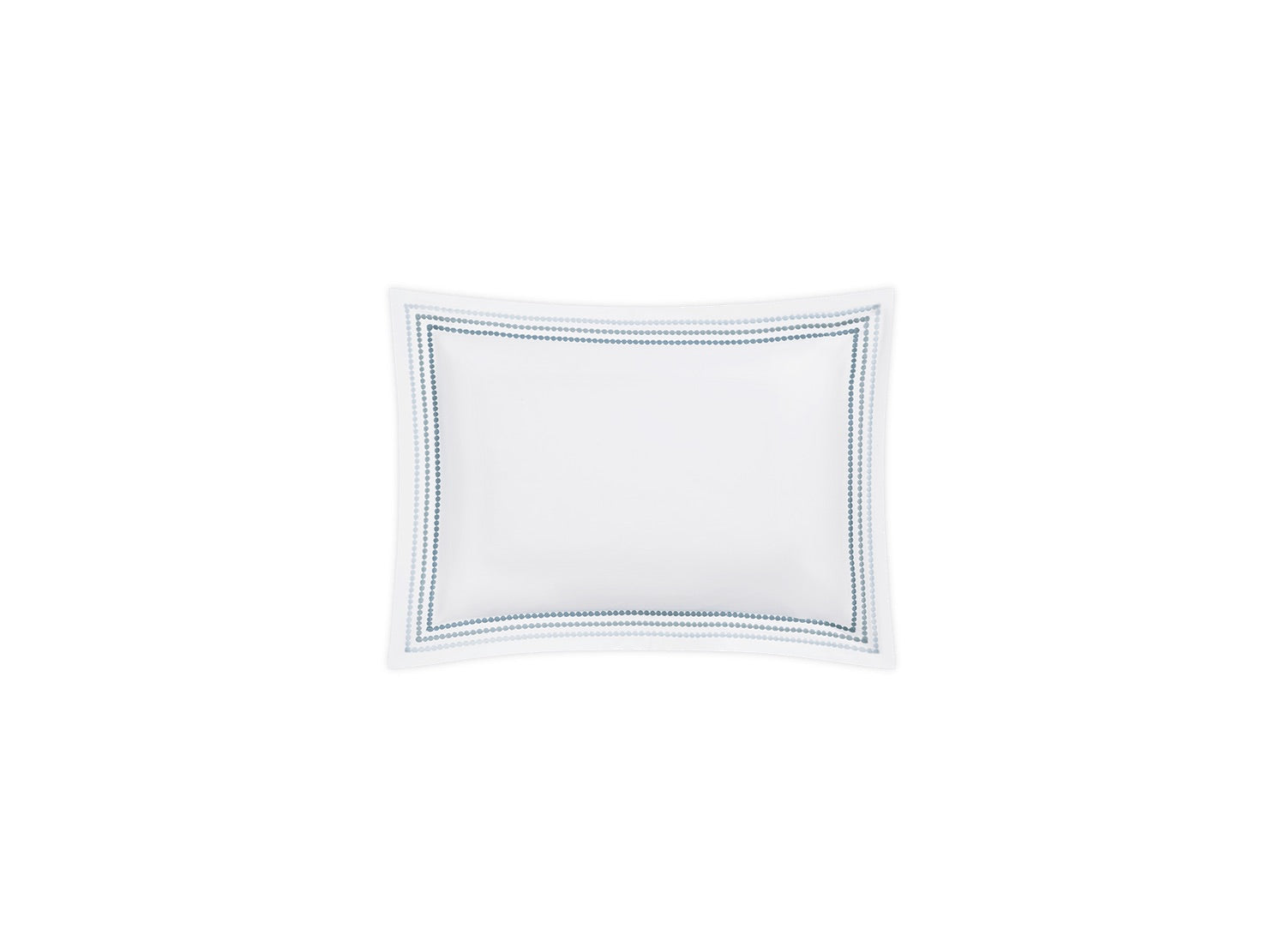Amara Triple Pearl Bedding Collection by Matouk, featuring a white rectangular design with slightly curved edges and adorned with a blue dotted border pattern around the rim reminiscent of embroidery, presented against a plain white background.