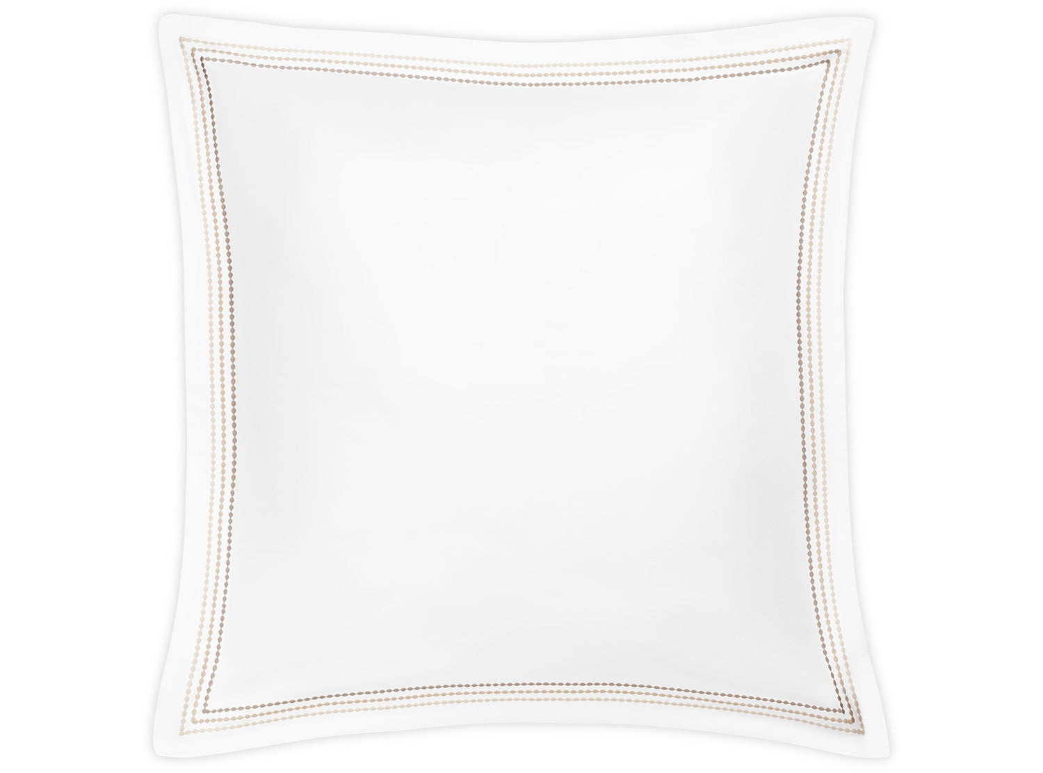 A white rectangular pillowcase from Matouk’s Amara Triple Pearl Bedding Collection, featuring an elegant triple line of tan stitching near the edges and crafted from luxurious Amara sateen, shown against a white background.