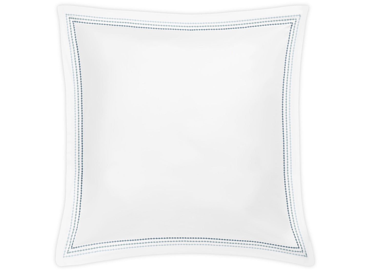 Matouk’s Amara Triple Pearl Bedding Collection pillow features an elegant triple pearl embroidered design and a double line of blue stitched border on all sides, displayed against a plain white background.