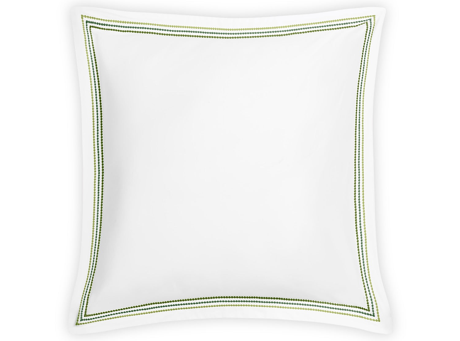 A white pillow from the Matouk Amara Triple Pearl Bedding Collection, featuring an elegant embroidered border of three rows of small green dots along the edge, is photographed from above on a plain background.