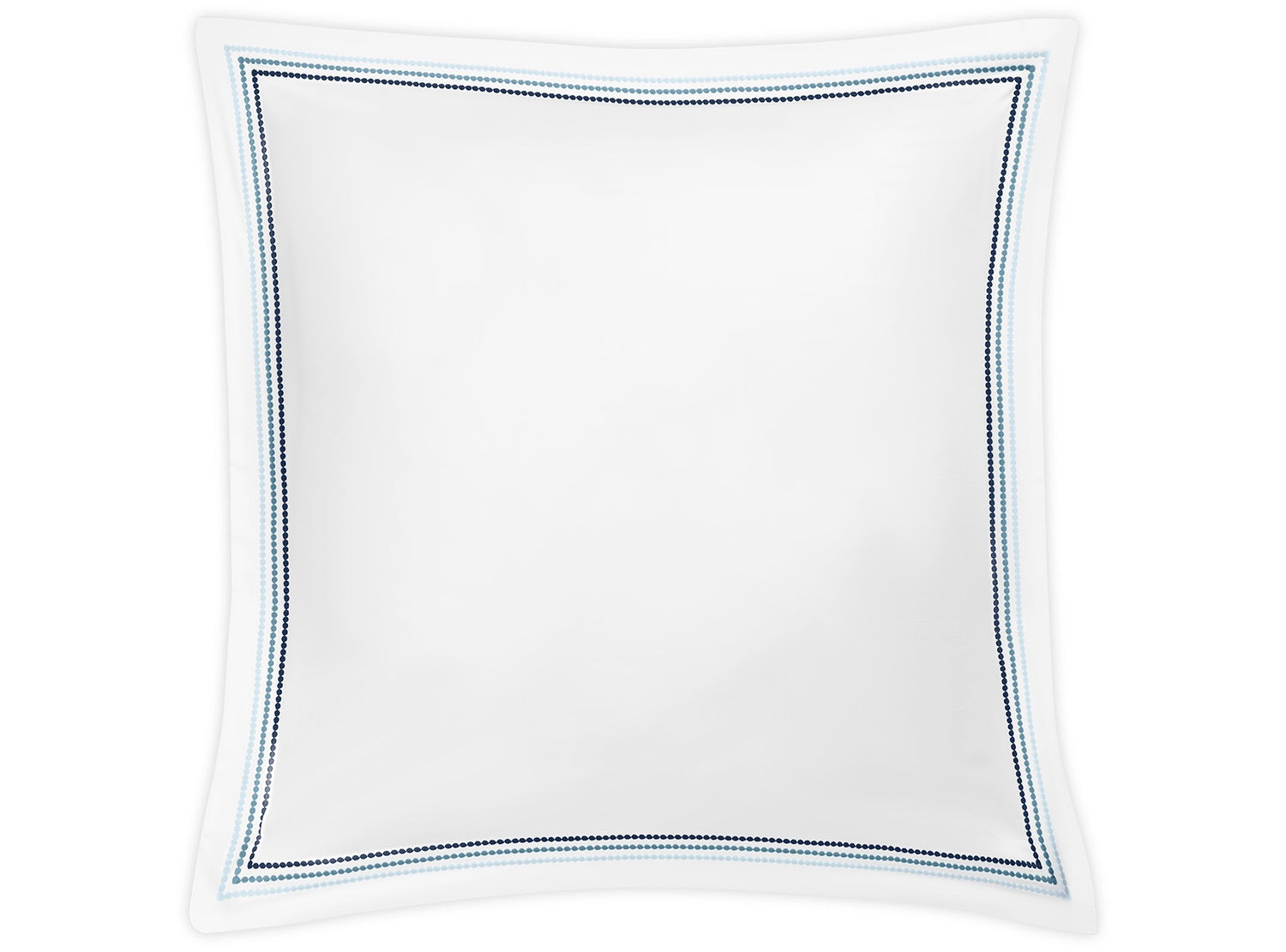 The Amara Triple Pearl Bedding Collection by Matouk features a white square pillow, crafted from luxurious Amara sateen, and adorned with an elegant double border embroidery in navy blue and light blue near the edges. Shown on a plain white background.
