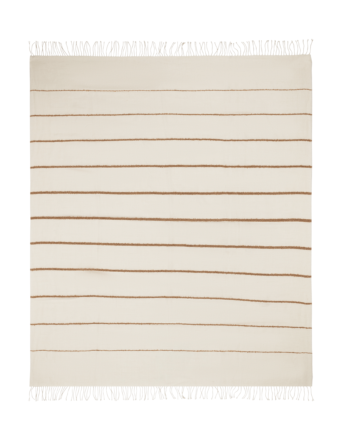 The Matouk Amelia Stripe Throw Collection features a rectangular cream-colored throw with evenly spaced thin brown horizontal stripes and fringed edges, inspired by the cozy softness of baby alpaca.