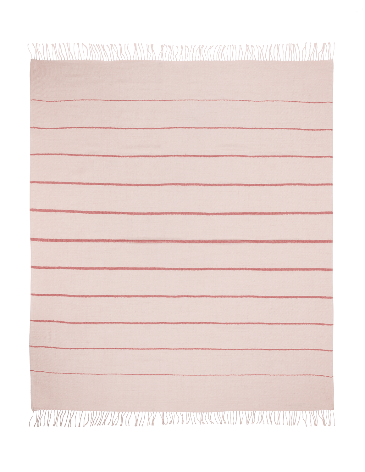 A square, light pink Matouk Amelia Stripe Throw with evenly spaced horizontal red stripes and white fringe on two edges is laid flat on a green background.