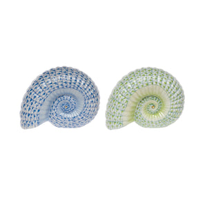 Two Herend Ammonite Nautilus ceramic pieces by Herend, one blue and one green, display intricate geometric patterns inspired by hand-painted designs and are shown side by side on a white background.