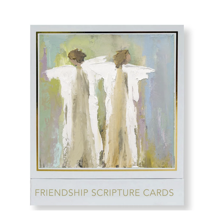 Two abstract angel figures stand side by side against a pastel background, symbolizing warmth and support. Below, "Anne Neilson: Friendship Scripture Cards" captures the brand's spirit of friendship and scripture-inspired encouragement.