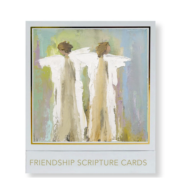 Two abstract angel figures stand side by side against a pastel background, symbolizing warmth and support. Below, "Anne Neilson: Friendship Scripture Cards" captures the brand's spirit of friendship and scripture-inspired encouragement.
