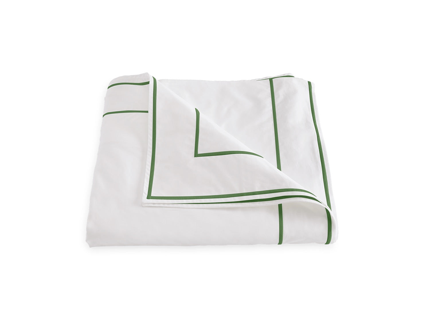 Experience the elegance of luxury bedding with the Ansonia Bedding Collection from Matouk, featuring a folded white cotton percale sheet adorned with a green satin-stitched border and corner design, showcased against a pristine white background.