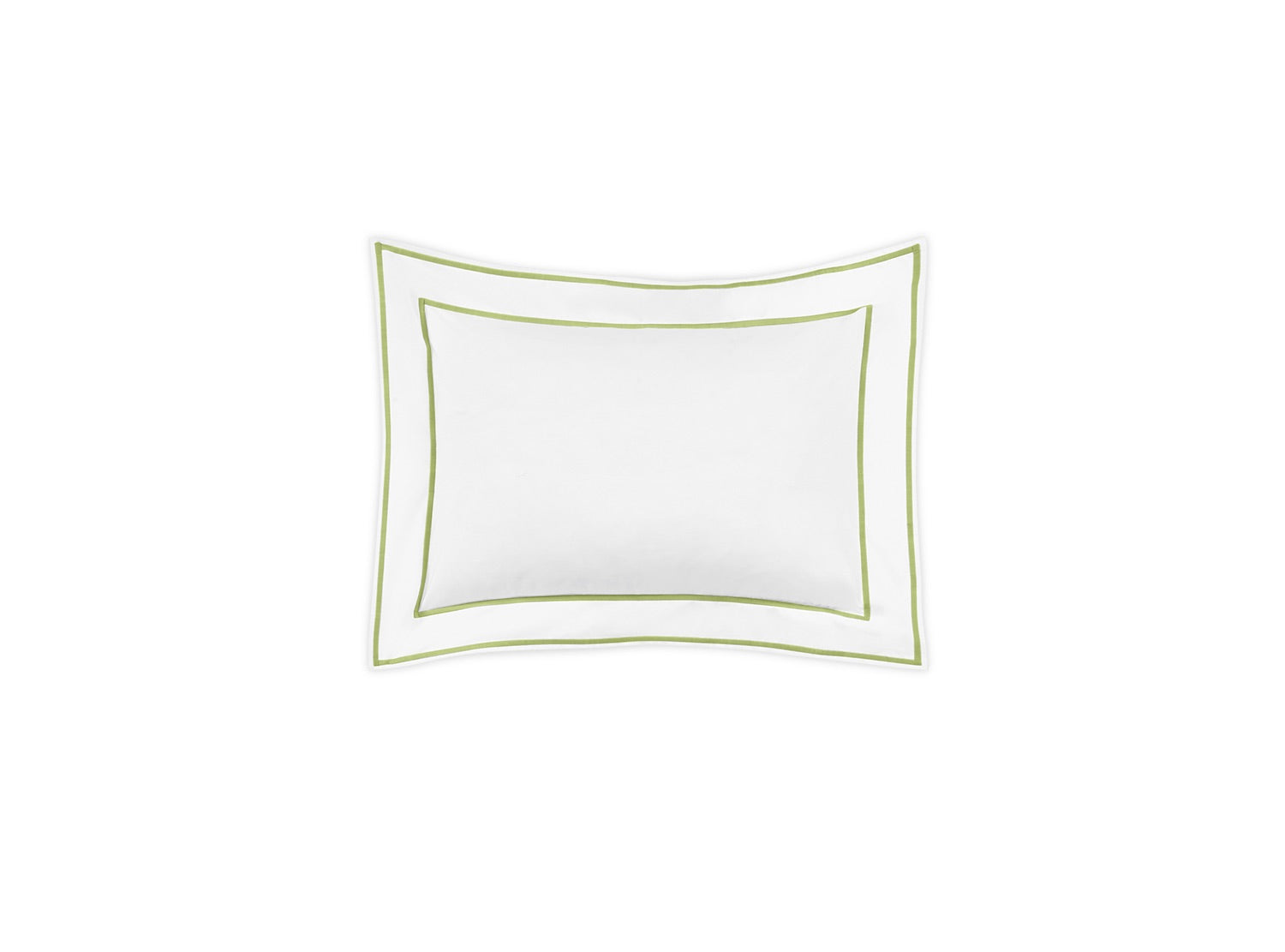 The Matouk Ansonia Bedding Collection in Leaf features a white square pillow with a thin green border, crafted from luxurious Luca cotton percale and adorned with delicate satin stitching for an elegant touch.