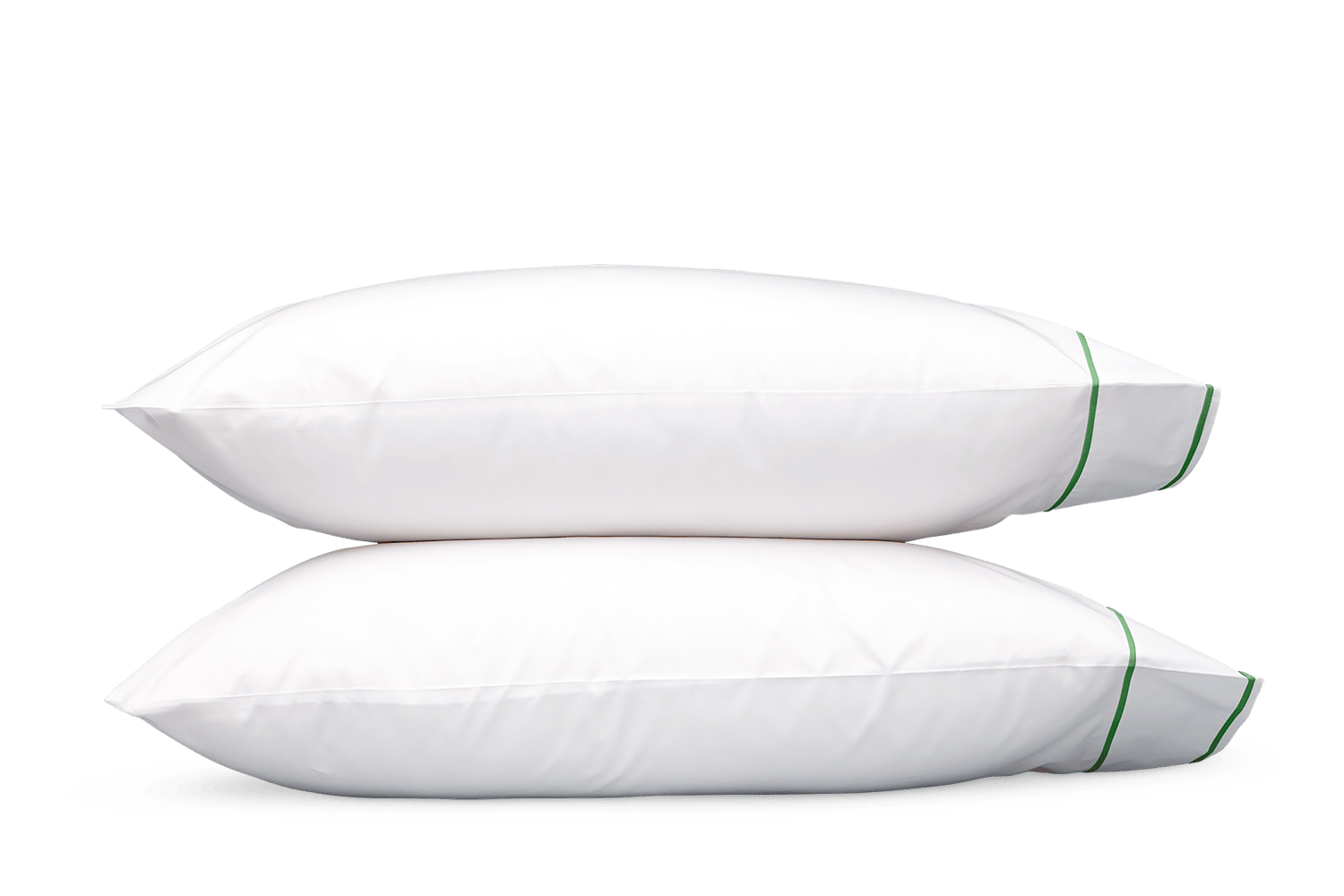 Two white Ansonia Bedding Collection, Palm pillows by Matouk, each with green piping and made from 500 thread count Egyptian cotton percale, are stacked on a plain white background—ideal for luxury bedding.